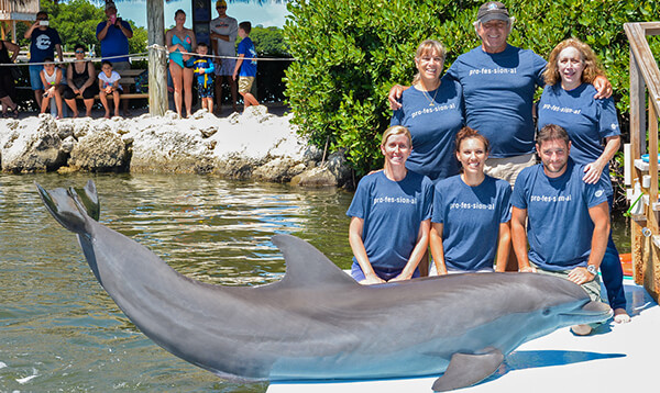 Six team members at the Dolphin Research center pose with a dolphin while modeling their Academy T-shirts.